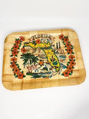 Vintage Florida large bamboo colourful tray